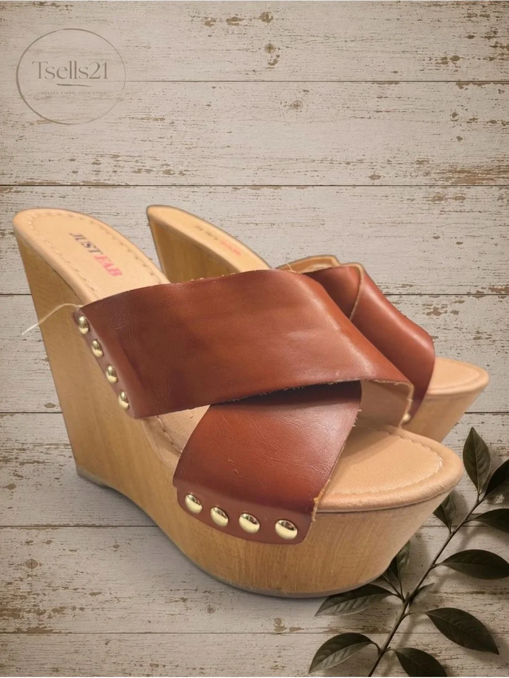 JustFab Faux Wood Chunky Platform Wedge Sandals - Size 7